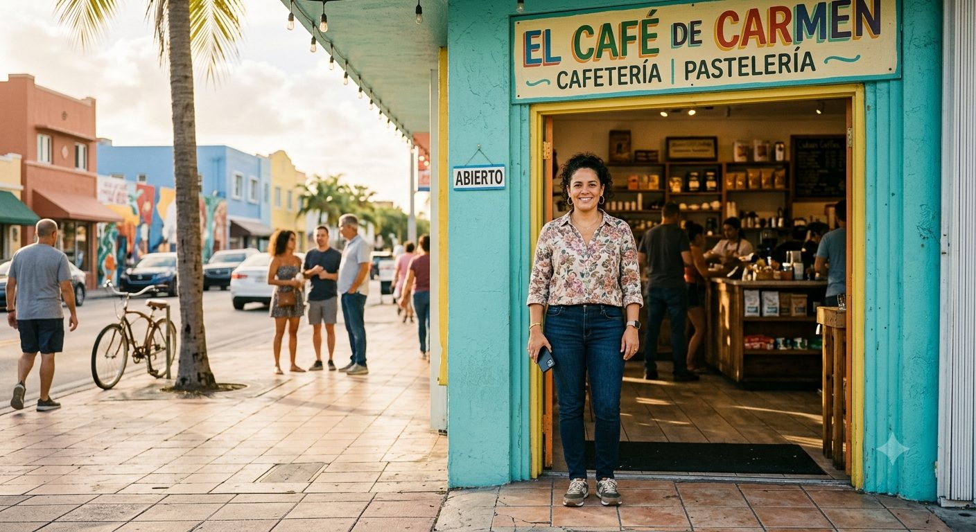 South Florida small-business owner in the doorway of her café
