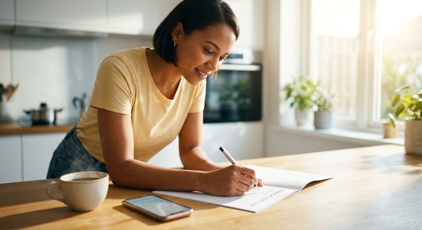Owner filling in the course worksheet at her kitchen counter